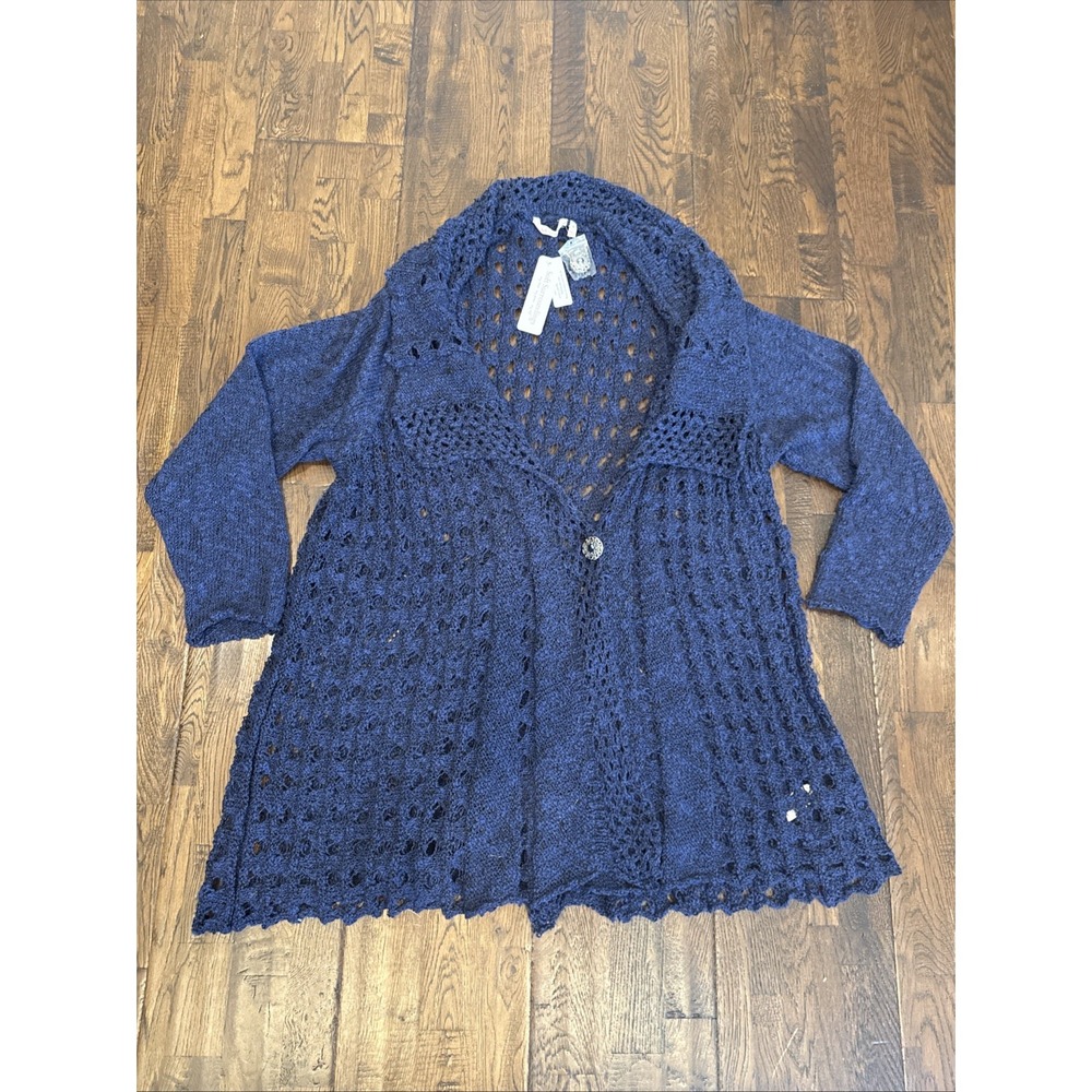 Soft Surroundings Blue Chunky Crochet Knit Single Button Cardigan Size 3X NWT